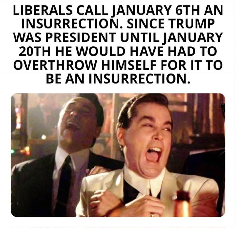 LIBERALS CALL JANUARY 6TH AN INSURRECTION. SINCE TRUMP WAS PRESIDENT UNTIL JANUARY 20TH HE WOULD HAVE HAD TO OVERTHROW HIMSELF FOR IT TO BE AN INSURRECTION.
