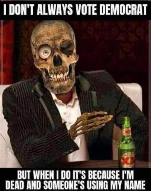 I DON'T ALWAYS VOTE DEMOCRAT
BUT WHEN I DO IT'S BECAUSE I'M DEAD AND SOMEONE'S USING MY NAME
