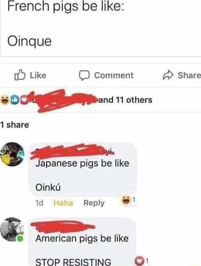 French pigs be like Oinque Like comment Share omnd 11 others 1share apanese pigs be like Oinkd 1d Haha Reply 1 American pigs be like STOP RESISTING O
