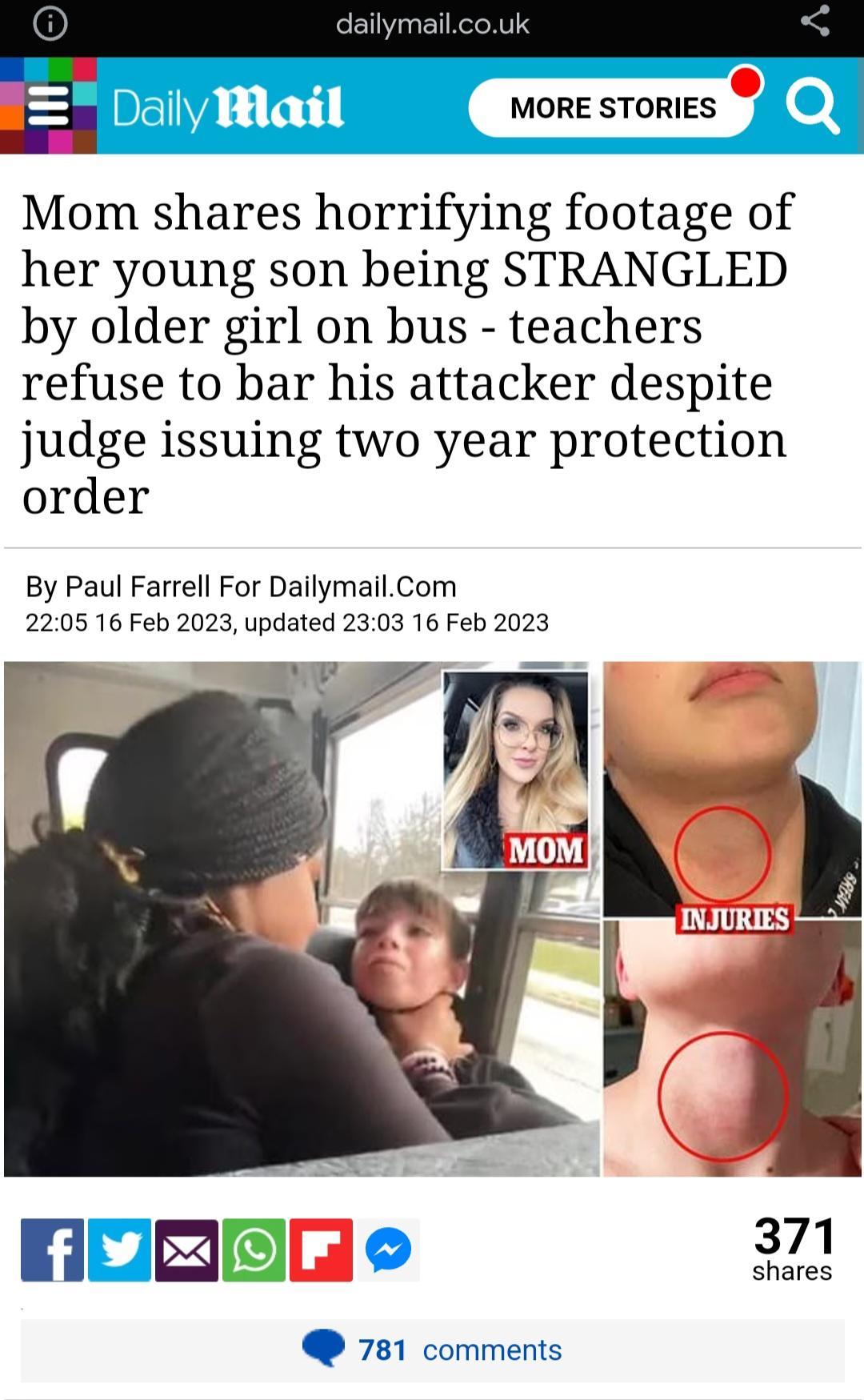 ik Dally Hail Mom shares horrifying footage of her young son being STRANGLED by older girl on bus teachers refuse to bar his attacker despite judge issuing two year protection order By Paul Farrell For DailymailCom 2205 16 Feb 2023 updated 2303 16 Feb 2023 781 comments