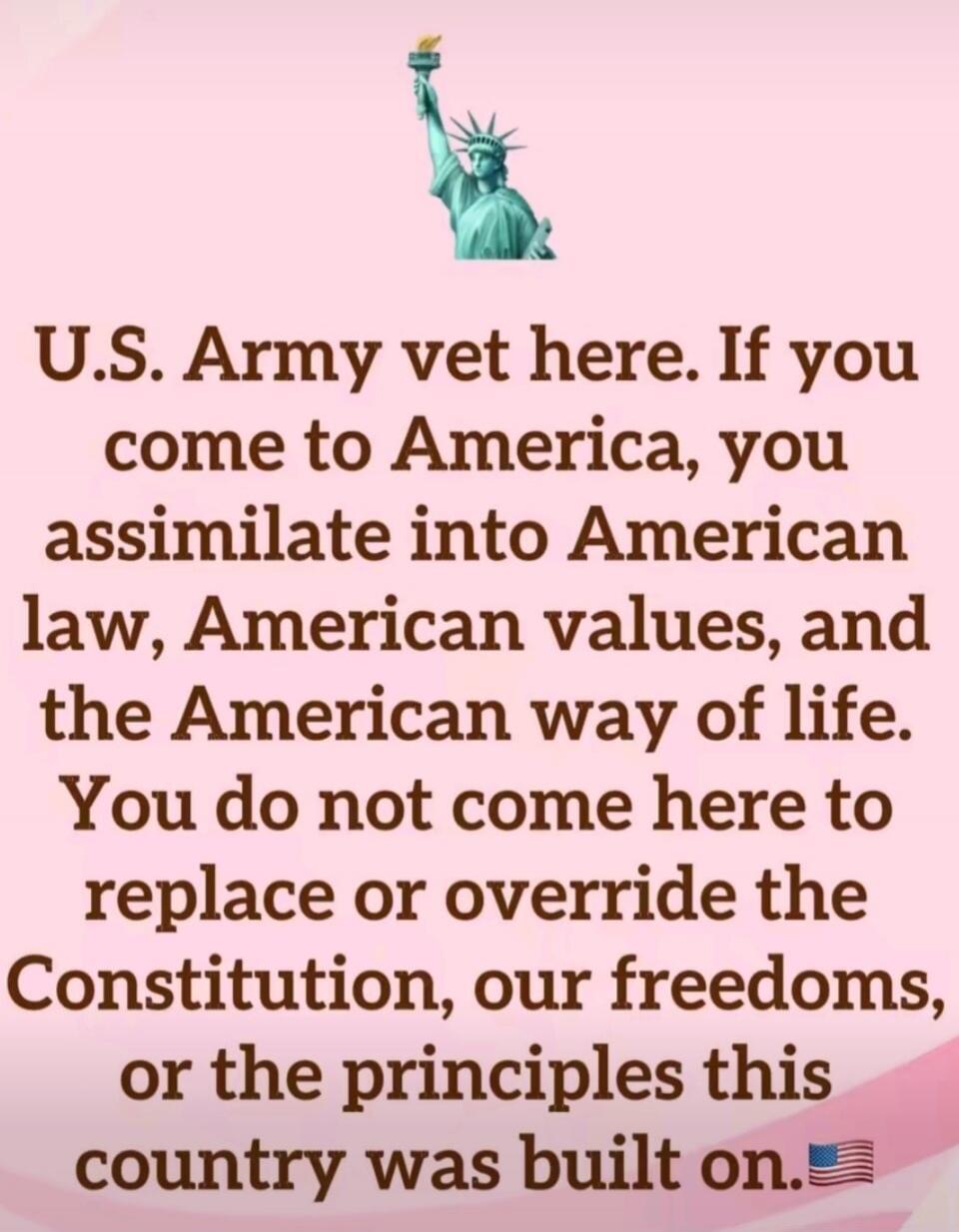 U.S. Army vet here. If you come to America, you assimilate into American law, American values, and the American way of life. You do not come here to replace or override the Constitution, our freedoms, or the principles this country was built on.