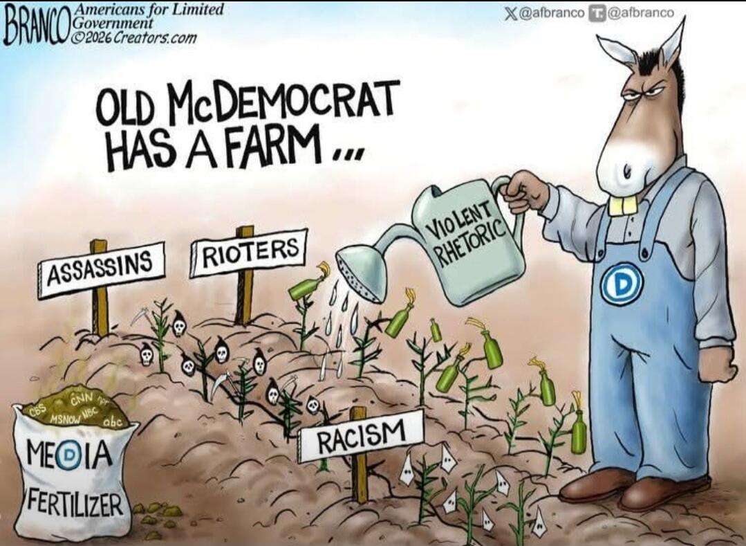 BRANCO Americans for Limited Government ©2026 Creators.com X @afranco T @afranco OLD McDEMOCRAT HAS A FARM ... ASSASSINS RIOTERS RACISM VIOLENT RHETORIC MEDIA FERTILIZER CBS CNN MSNBC abc