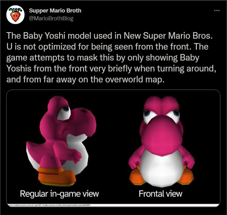 The Baby Yoshi model used in New Super Mario Bros U is not optimized for being seen from the front The game attempts to mask this by only showing Baby Yoshis from the front very briefly when turning around ELGRITRETEIEVE R G ERVERTCT R BTN i i Regular in game view ZCOEREN