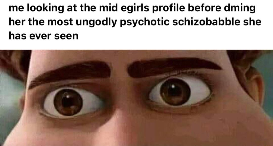 me looking at the mid egirls profile before dming her the most ungodly psychotic schizobabble she has ever seen