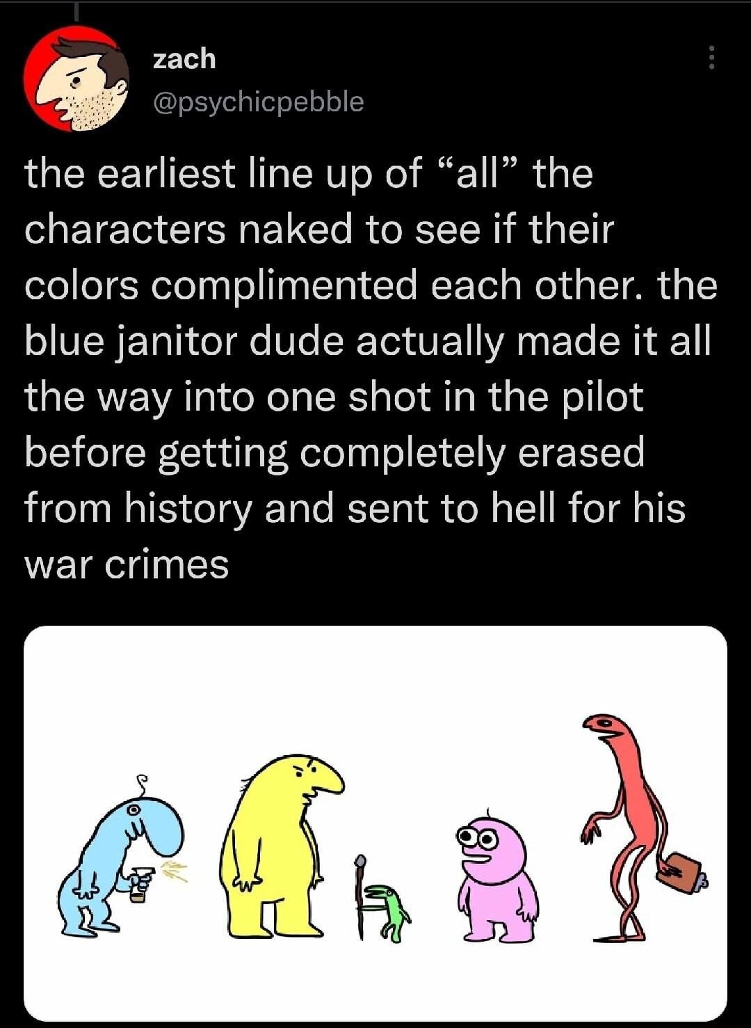 zach psychicpebble the earliest line up of all the characters naked to see if their colors complimented each other the SV ETal el e WTe SRTodVE YA RS Yo SR 1 the way into one shot in the pilot before getting completely erased LIRS TR Tale ETTo i R T B eT gy TS WETRegInES