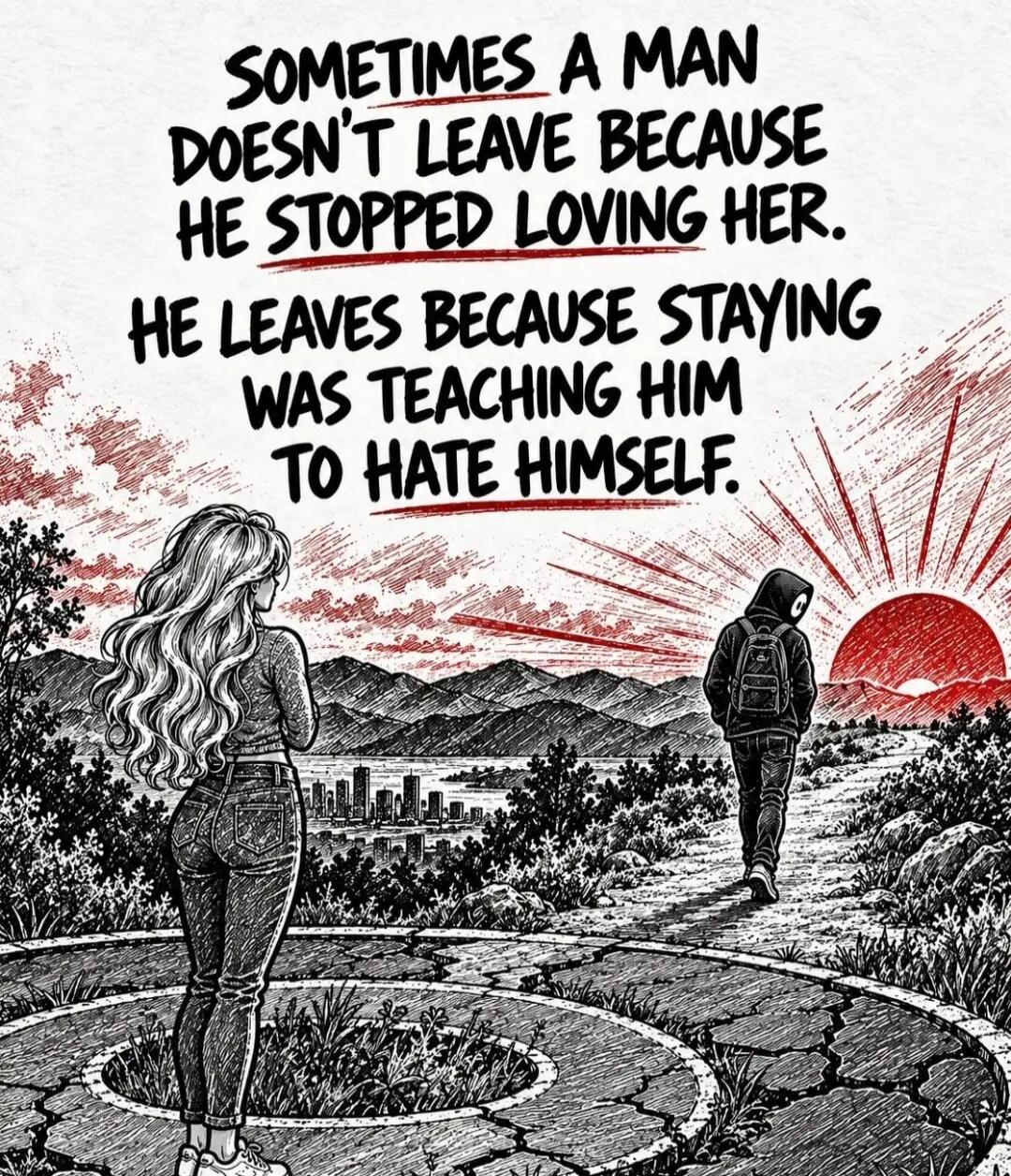 SOMETIMES A MAN DOESN'T LEAVE BECAUSE HE STOPPED LOVING HER. HE LEAVES BECAUSE STAYING WAS TEACHING HIM TO HATE HIMSELF.