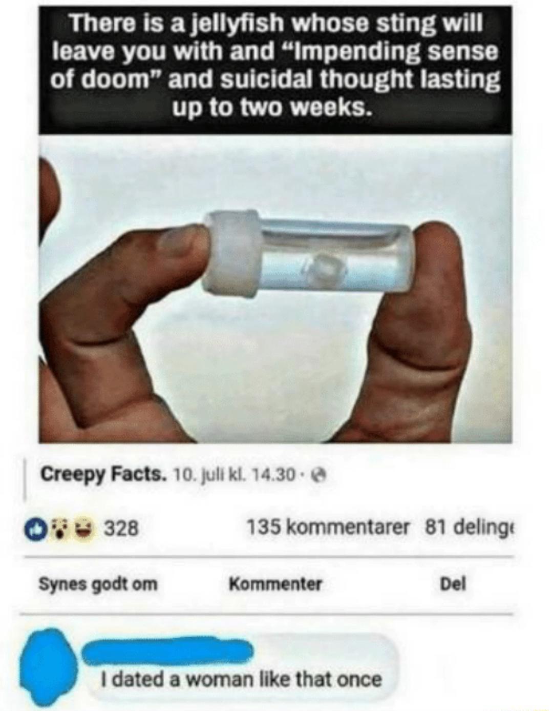 There is a jellyfish whose sting will CEVERL TR G IET T R T TR G I AT B of doom and suicidal thought lasting up to two weeks Creepy Facts 10jull 1430 Oiw 328 135 kommentarer 81 delingt Synes godt om Kommenter Del dated a woman like that once