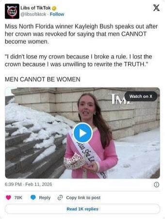 Miss North Florida winner Kayleigh Bush speaks out after her crown was revoked for saying that men CANNOT become women. She states: 'I didn't lose my crown because I broke a rule. I lost the crown because I was unwilling to rewrite the TRUTH.' The post emphasizes: 'MEN CANNOT BE WOMEN'.
