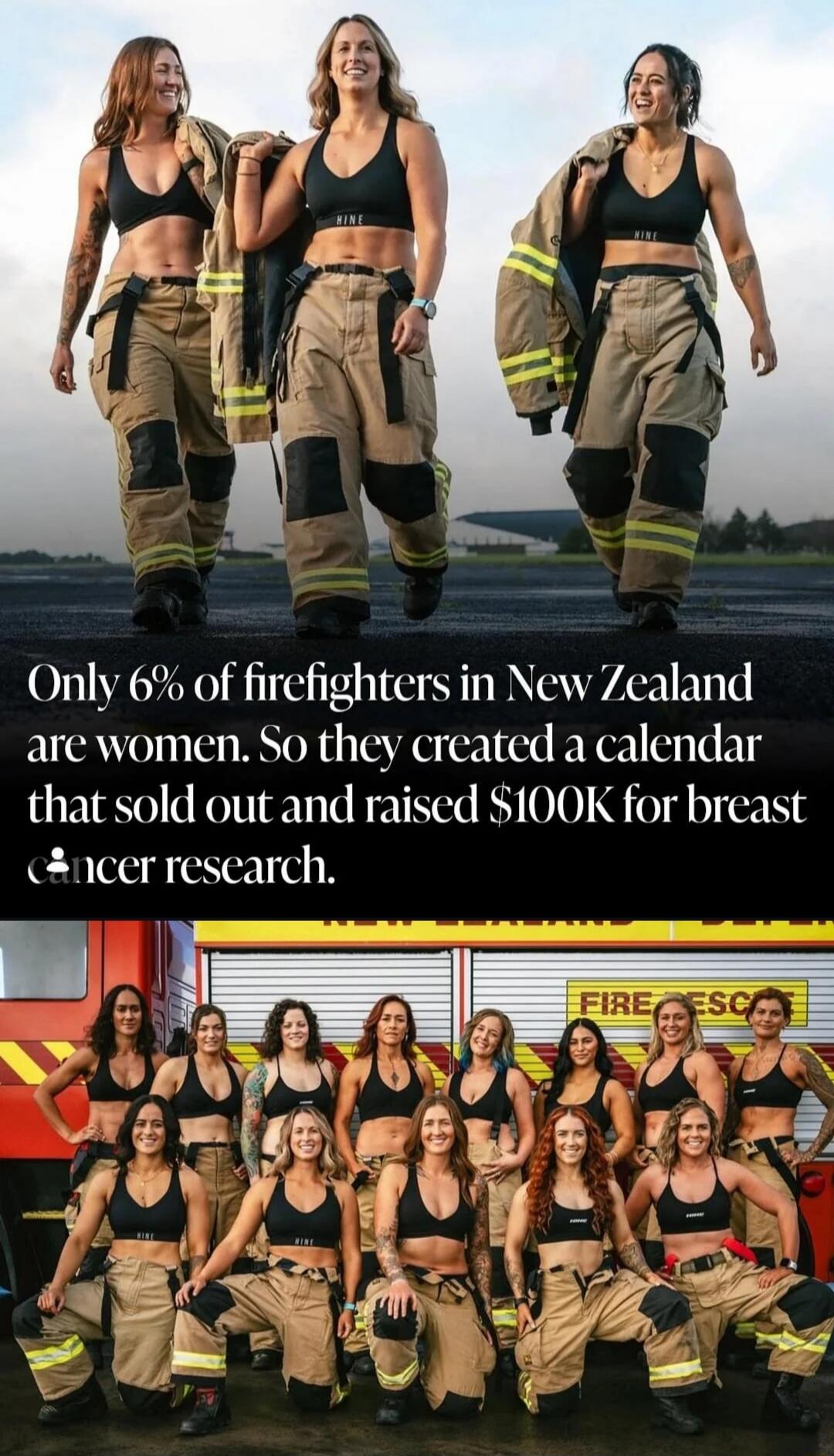 Only 6% of firefighters in New Zealand are women. So they created a calendar that sold out and raised $100K for breast cancer research.
