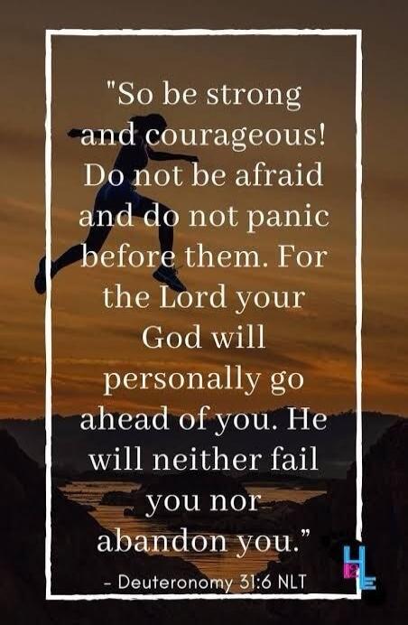 So be strong and courageous! Do not be afraid and do not panic before them. For the Lord your God will personally go ahead of you. He will neither fail you nor abandon you.