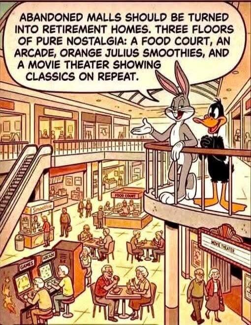 ABANDONED MALLS SHOULD BE TURNED INTO RETIREMENT HOMES. THREE FLOORS OF PURE NOSTALGIA: A FOOD COURT, AN ARCADE, ORANGE JULIUS SMOOTHIES, AND A MOVIE THEATER SHOWING CLASSICS ON REPEAT.