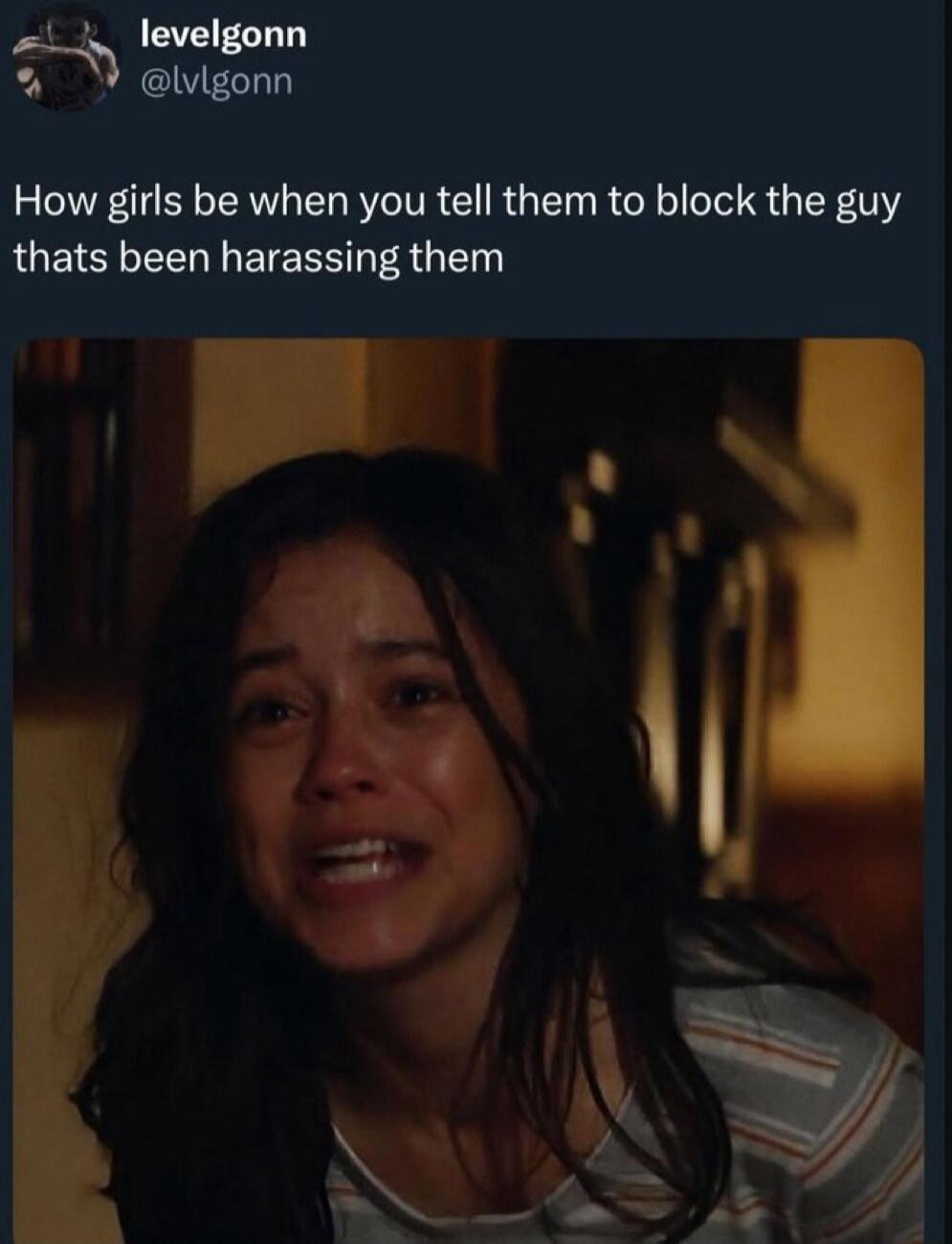 levelgonnn @lvlgonn How girls be when you tell them to block the guy thats been harassing them