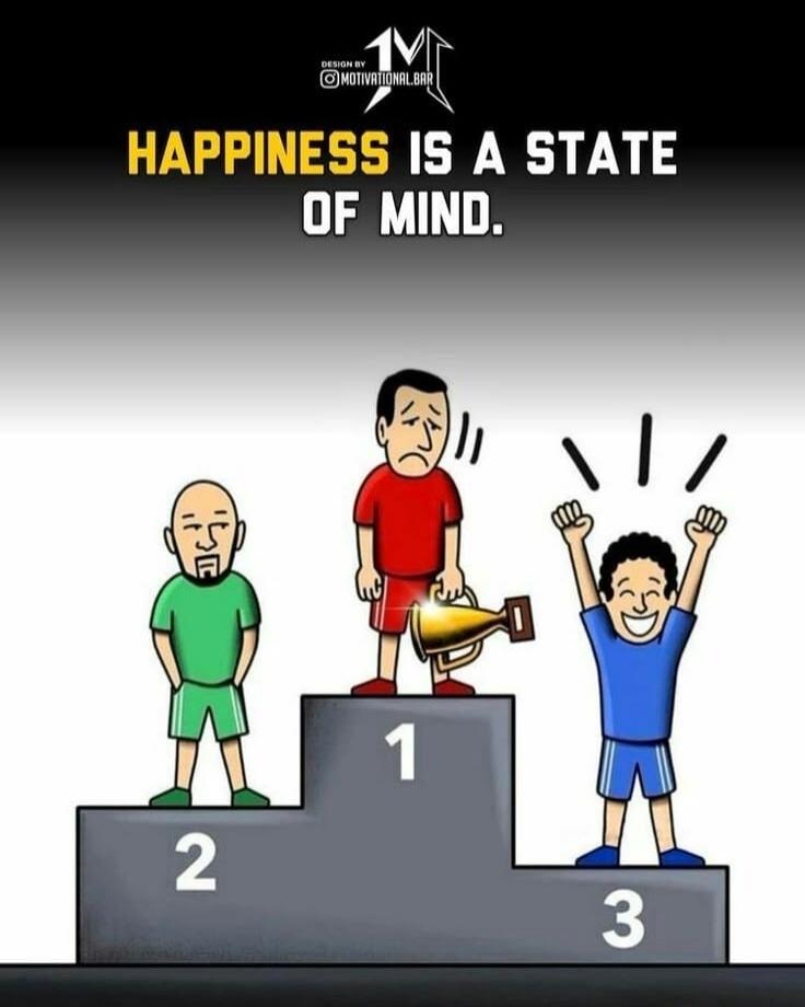 DESIGN BY @MOTIVATIONAL.BAR HAPPINESS IS A STATE OF MIND. The image shows three cartoon figures on a winner's podium. The person on the first place (red shirt) looks sad, holding a broken trophy. The person on the second place (green shirt) looks indifferent. The person on the third place (blue shirt) looks very happy with arms raised in celebratio