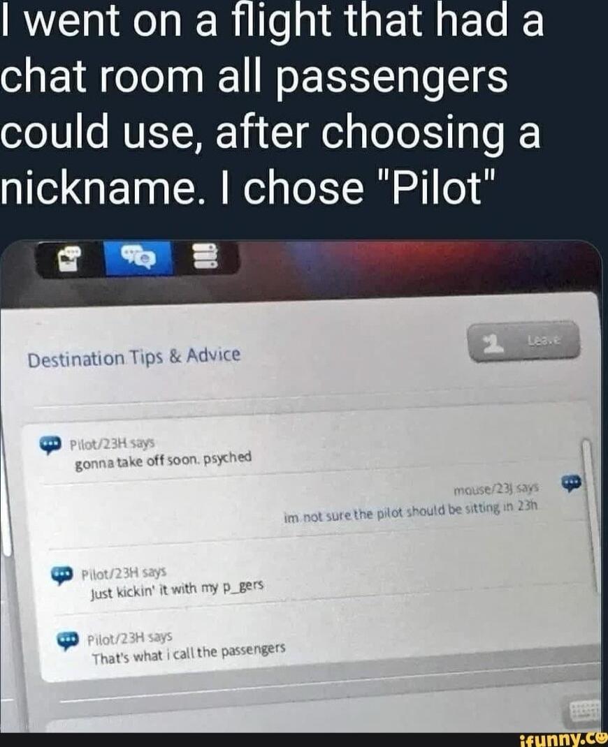went on a flight that haa chat room all passengers oo ls NUI WEV i T el pTele S o o nickname chose Pilot