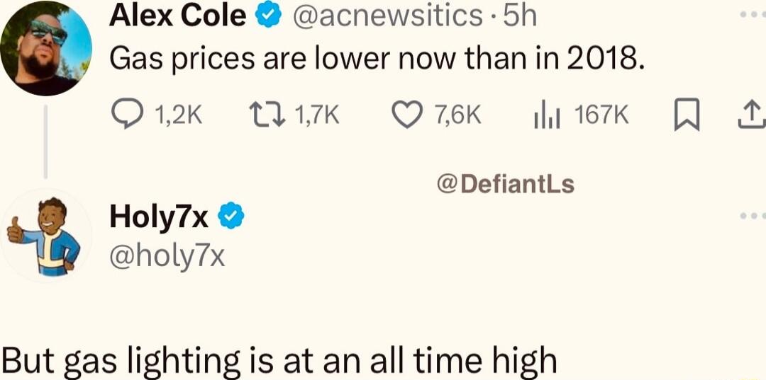 Alex Cole acnewsitics 5h Gas prices are lower now than in 2018 Q12k W17k Q76K etk J A Holy7x holy7x But gas lighting is at an all time high DefiantLs