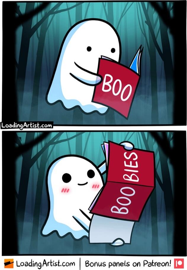 Panel 1: BOO. Panel 2: BOO BIES.