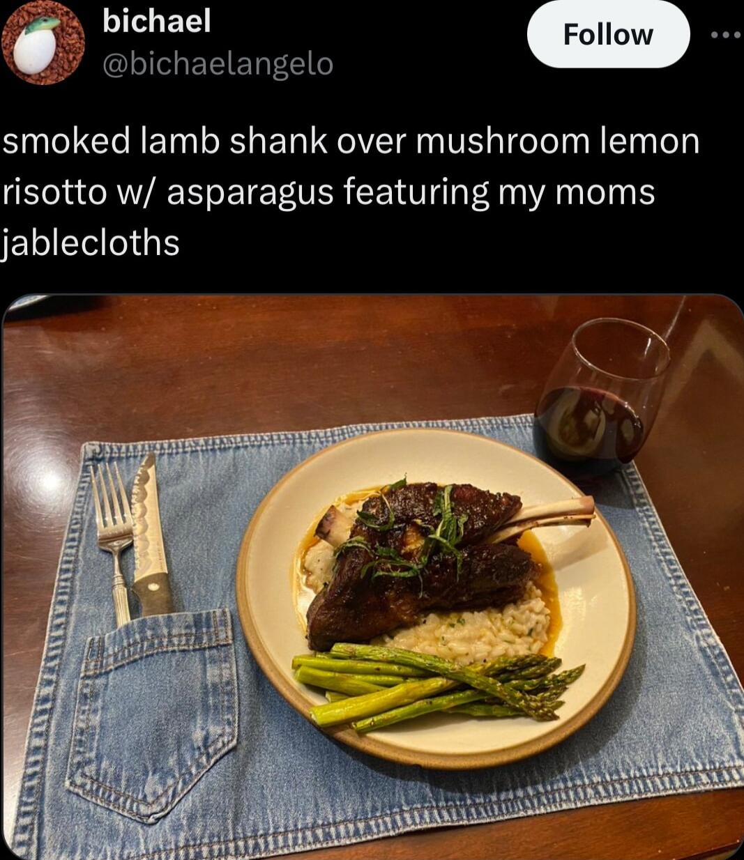 Jeret bichaelangelo smoked lamb shank over mushroom lemon risotto w asparagus featuring my moms jablecloths