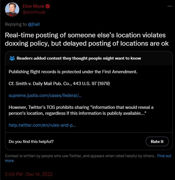 Replying to jhall Real time posting of someone elses location violates doxxing policy but delayed posting of locations are ok 725 Readers added context they thought people might want to know Publishing fiight records is protected under the First Amendment F Smith Daly Mail Pub Co 443 US 97 1979 supreme justiacomjcasesfederal However Twiters TOS prohibits sharing information that would reveal a per