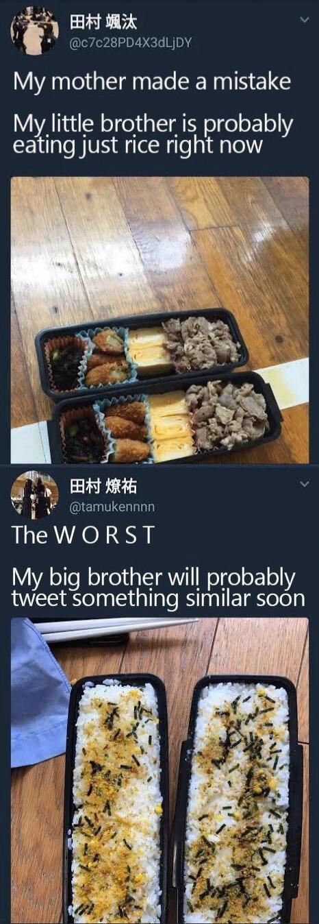 c7c28PD4X3dLiDY AN GEENEEENNINELE My little brother is probably eating just rice right now i tamukennnn The WORST My big brother will probably tweetsomething similar soon