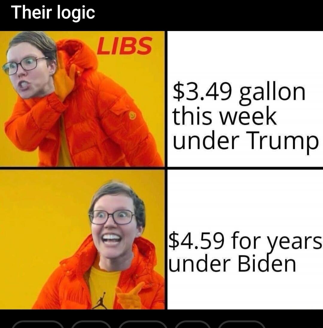 Their logic LIBS $3.49 gallon this week under Trump $4.59 for years under Biden