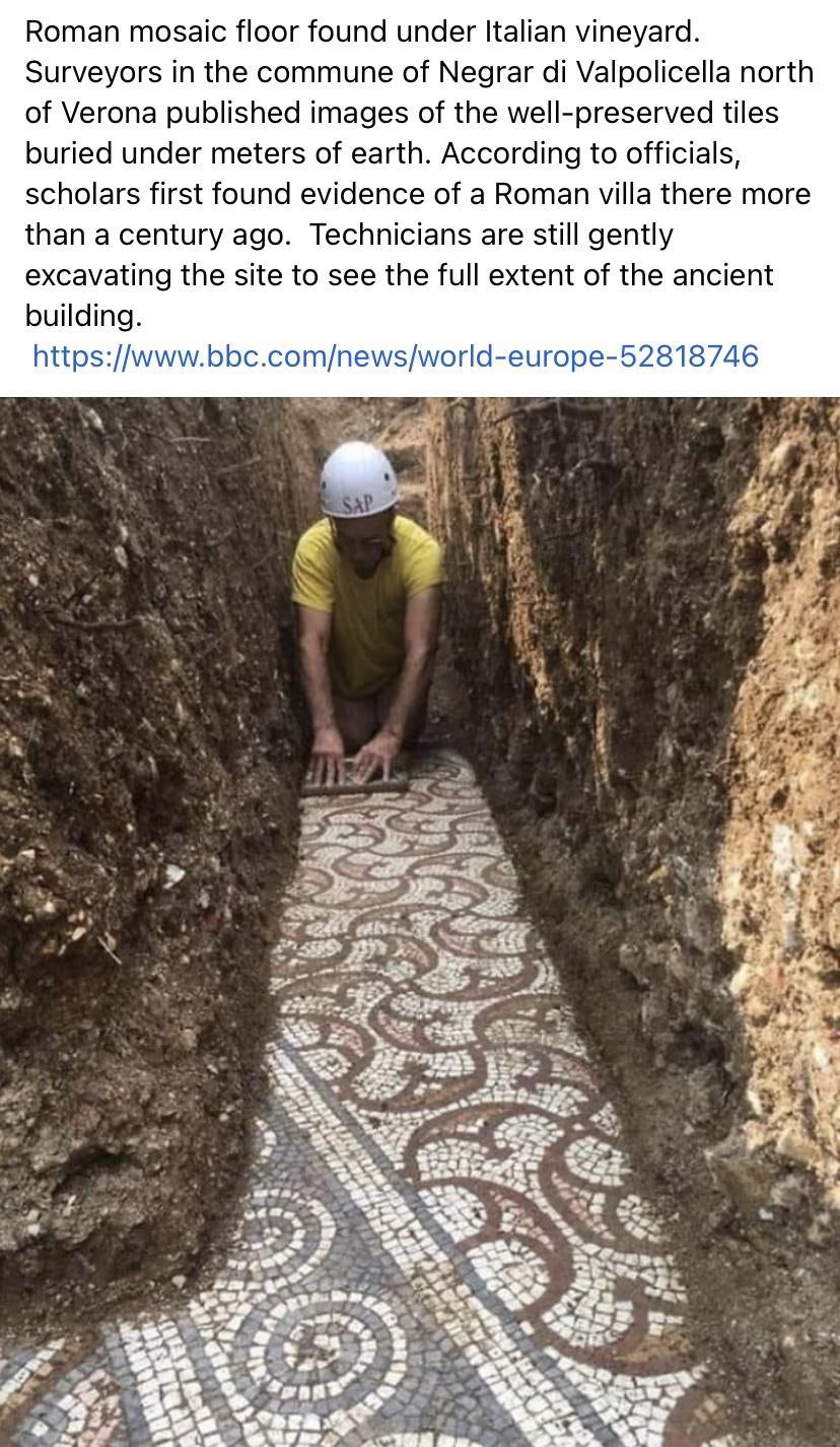 Roman mosaic floor found under Italian vineyard Surveyors in the commune of Negrar di Valpolicella north of Verona published images of the well preserved tiles buried under meters of earth According to officials scholars first found evidence of a Roman villa there more than a century ago Technicians are still gently excavating the site to see the full extent of the ancient