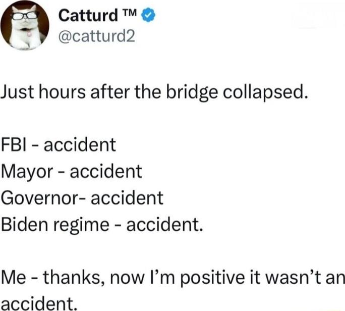 8 Catturd catturd2 Just hours after the bridge collapsed FBI accident Mayor accident Governor accident Biden regime accident Me thanks now Im positive it wasnt an accident