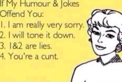 it My Humour Jokes Offend You I am really very sorry 2 will tone it down 3 12 are lies 4 Youre a cunt