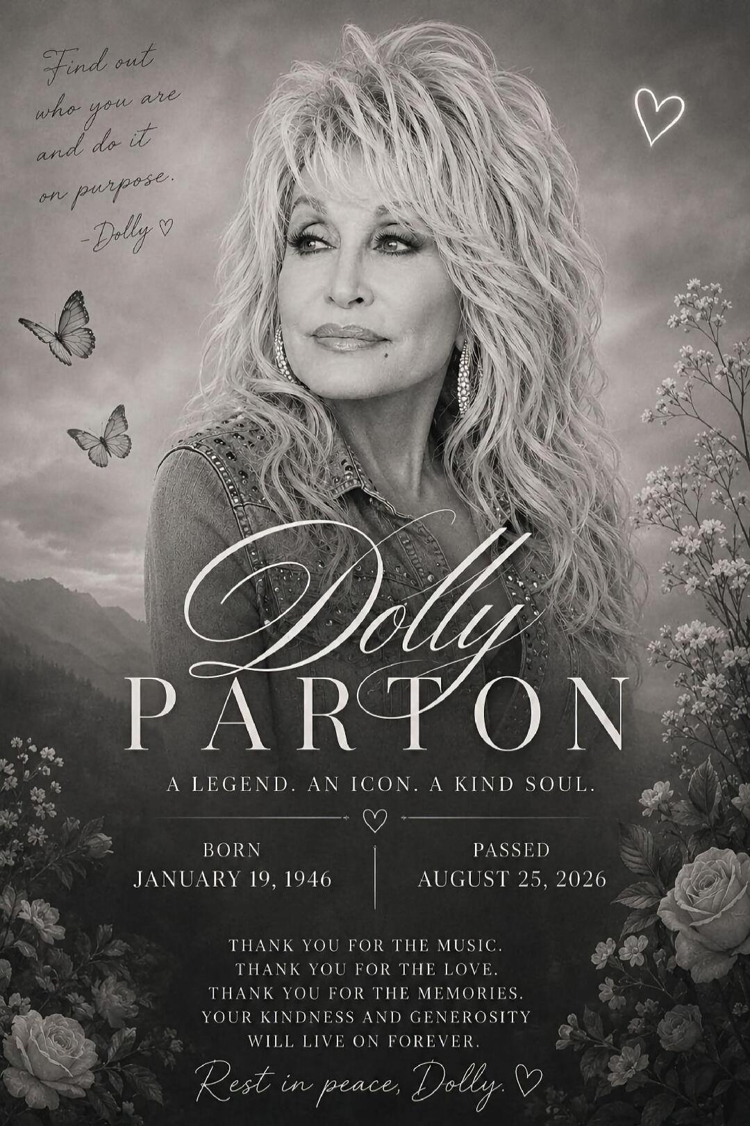 Find out who you are and do it on purpose. -Dolly ♡ Dolly PARTON A LEGEND. AN ICON. A KIND SOUL. BORN JANUARY 19, 1946 PASSED AUGUST 25, 2026 THANK YOU FOR THE MUSIC. THANK YOU FOR THE LOVE. THANK YOU FOR THE MEMORIES. YOUR KINDNESS AND GENEROSITY WILL LIVE ON FOREVER. Rest in peace, Dolly. ♡