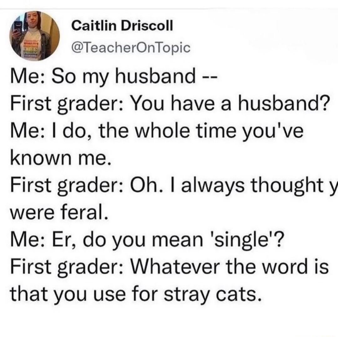 0 Caitlin Driscoll TeacherOnTopic Me So my husband First grader You have a husband Me do the whole time youve known me First grader Oh always thought y were feral Me Er do you mean single First grader Whatever the word is that you use for stray cats