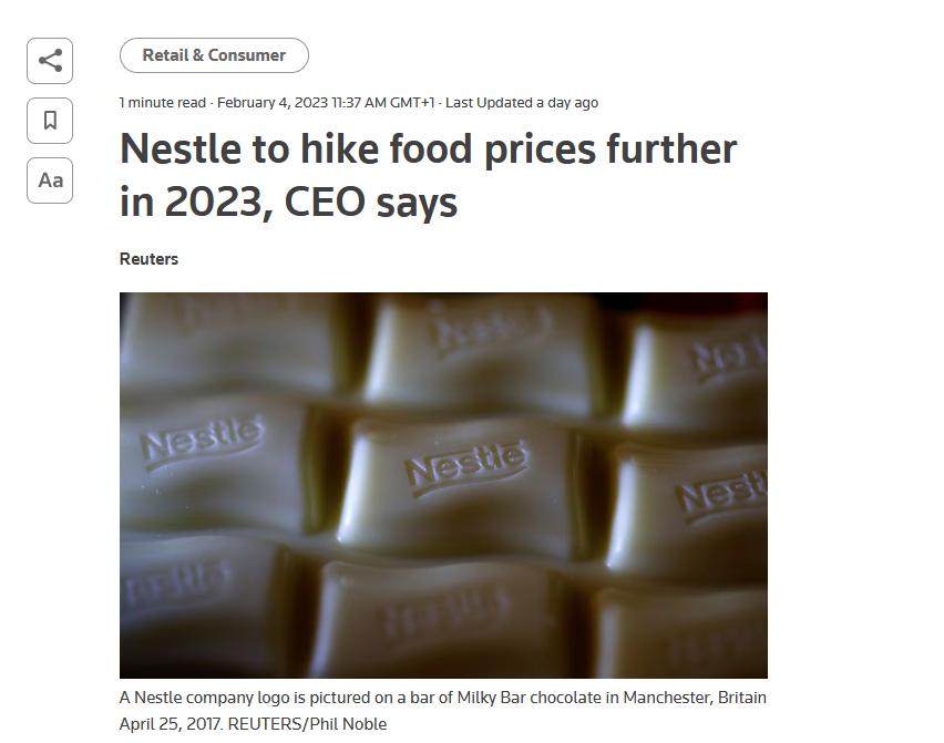 Nestle to hike food prices further in 2023 CEO says