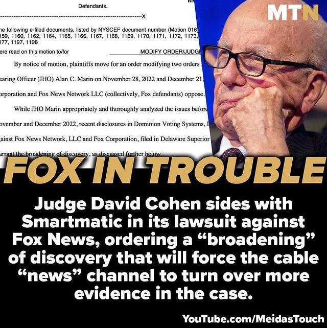 POT LY ET Ko 1 Y T EERTT Smartmatic in its lawsuit against Fox News ordering a broadening of discovery that will force the cable news channel to turn over more evidence in the case YouTubecomMeidasTouch