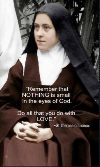 Remember that NOTHING is small in the eyes of God. Do all that you do with LOVE. -St Therese of Lisieux