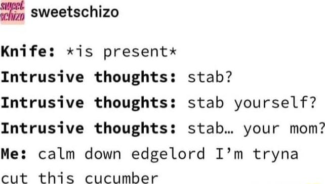 sweetschizo Knife is presentx Intrusive thoughts stab Intrusive thoughts stab yourself Intrusive thoughts stab your mom Me calm down edgelord Im tryna cut this cucumber