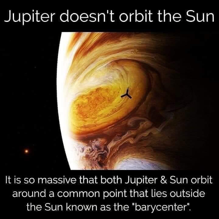 Jupiter doesnt orbit the Sun It is so massive that both Jupiter Sun orbit Elfelglei Nelolpalaalelslelel gl A M IS NolU1 0 the Sun known as the barycenter