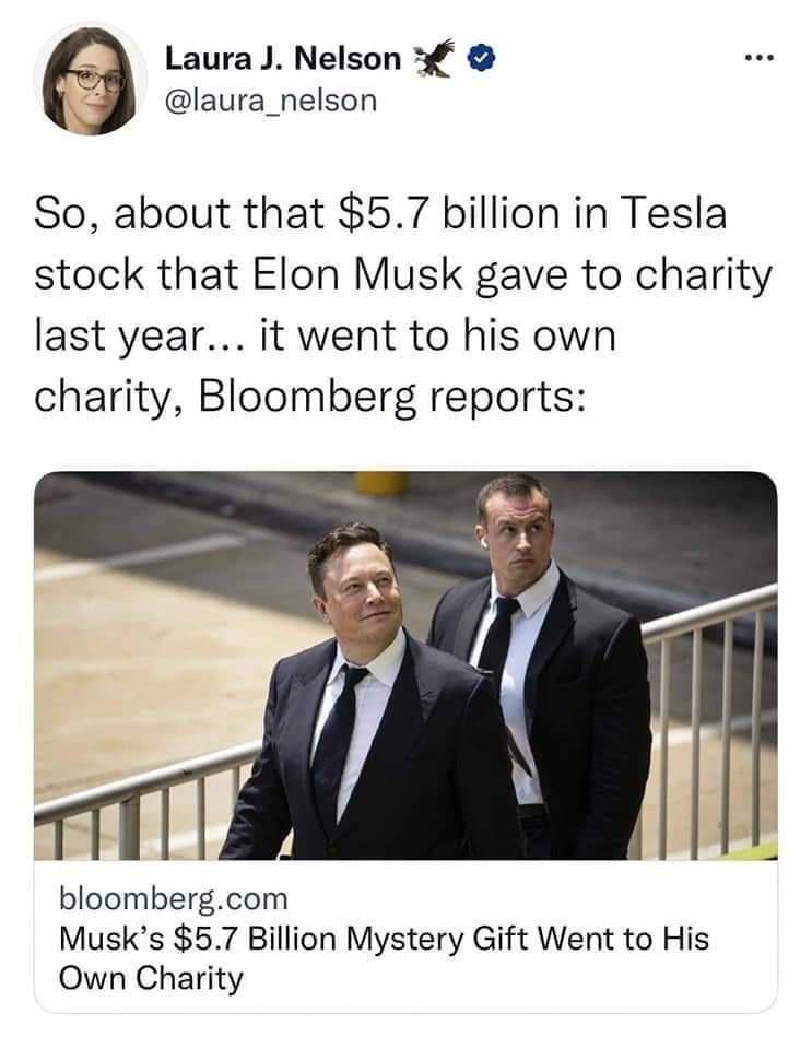 Laura J Nelson 2 laura_nelson So about that 57 billion in Tesla stock that Elon Musk gave to charity last year it went to his own charity Bloomberg reports bloombergcom Musks 57 Billion Mystery Gift Went to His Own Charity