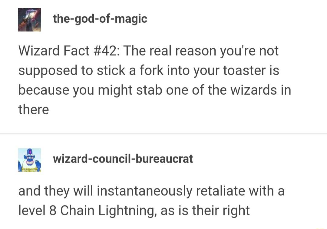 the god of magic Wizard Fact 42 The real reason youre not supposed to stick a fork into your toaster is because you might stab one of the wizards in there wizard council bureaucrat and they will instantaneously retaliate with a level 8 Chain Lightning as is their right