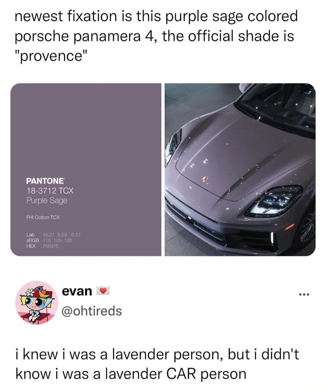 newest fixation is this purple sage colored porsche panamera 4 the official shade is provence PANTONE evan v ohtireds i knew i was a lavender person but i didnt know i was a lavender CAR person