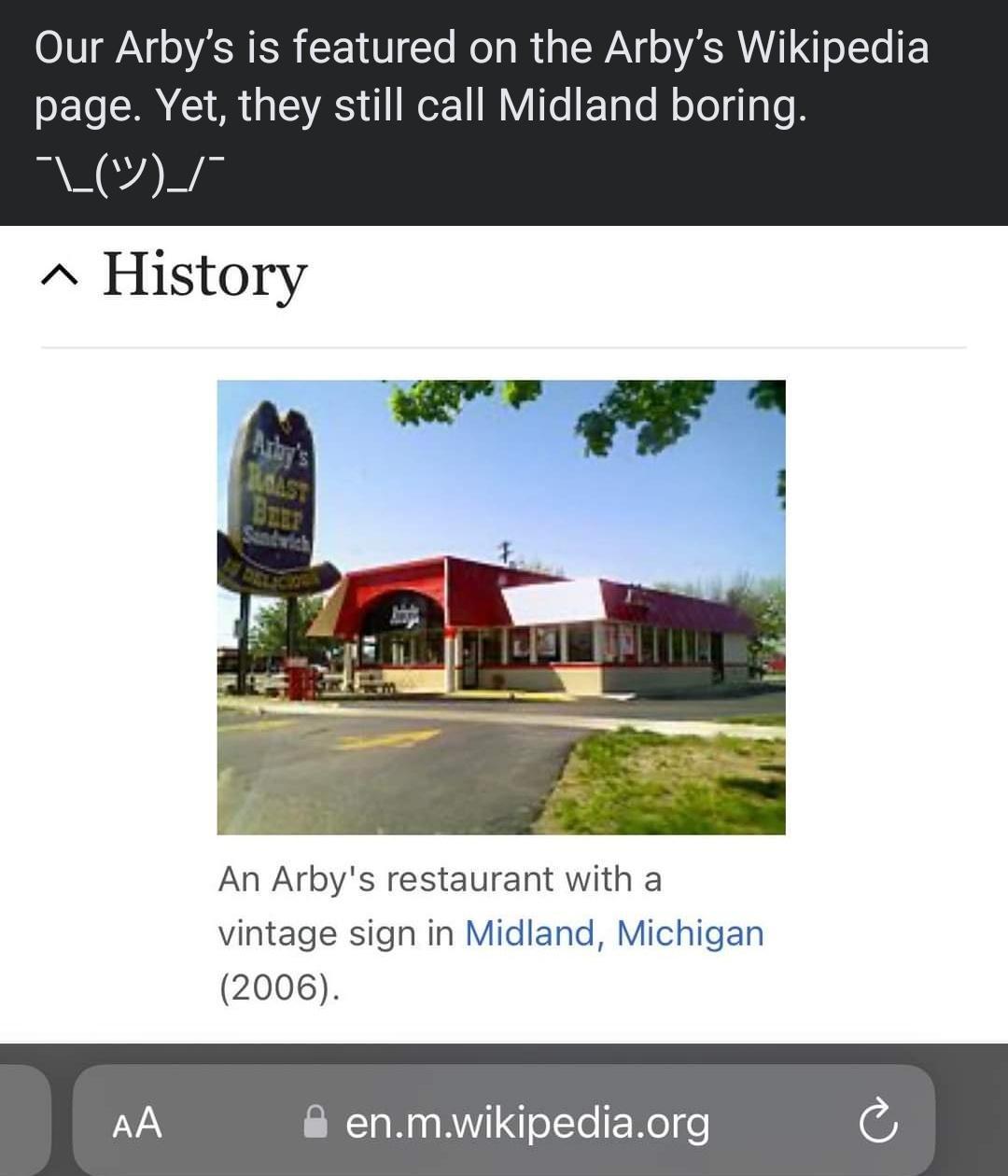 Our Arbys is featured on the Arbys Wikipedia EL AR GEES RN EL Rl IR An Arbys restaurant with a vintage sign in Midland Michigan 2006 fENele