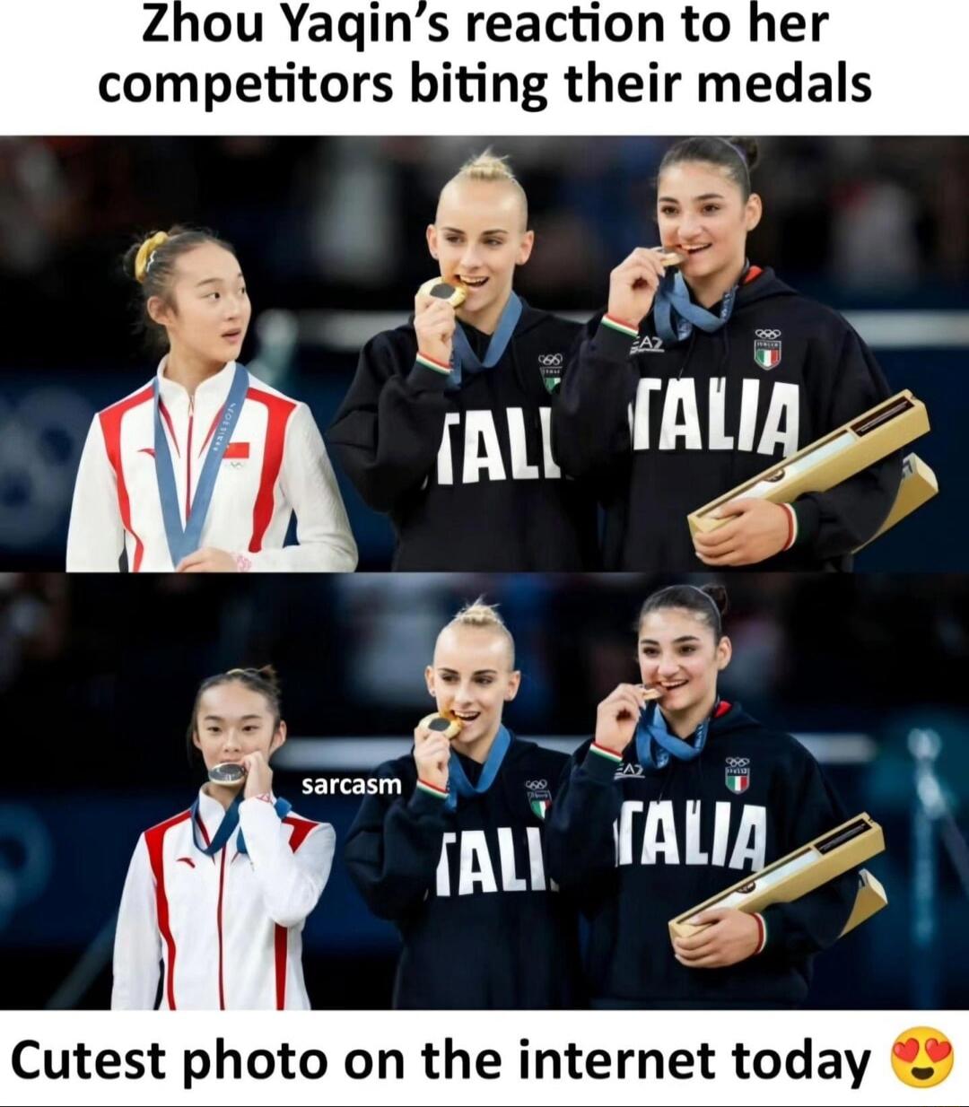 s reaction to her competitors biting their medals sf i nm TALl 3 sarcasm ALl l Cutest photo on the internet today