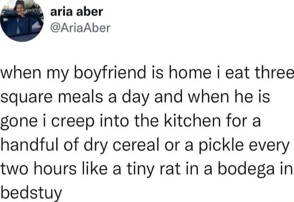 aria aber AriaAber when my boyfriend is home i eat three square meals a day and when he is gone i creep into the kitchen for a handful of dry cereal or a pickle every two hours like a tiny rat in a bodega in bedstuy