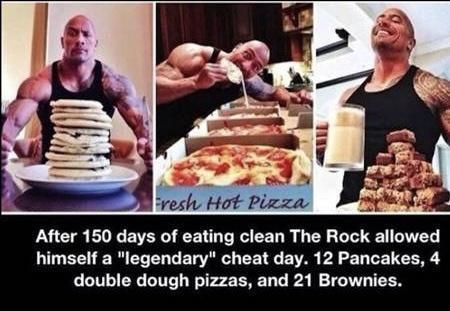 After 150 days of eating clean The Rock allowed himself a legendary cheat day 12 Pancakes 4 double dough pizzas and 21 Brownies