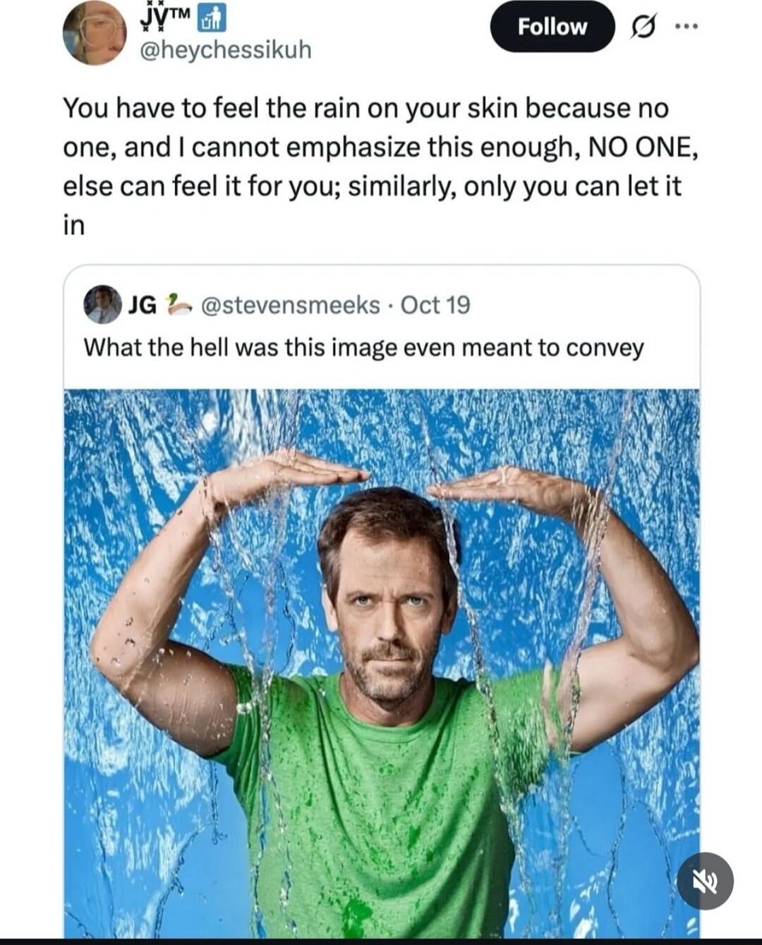 You have to feel the rain on your skin because no one, and I cannot emphasize this enough, NO ONE, else can feel it for you; similarly, only you can let it in
What the hell was this image even meant to convey