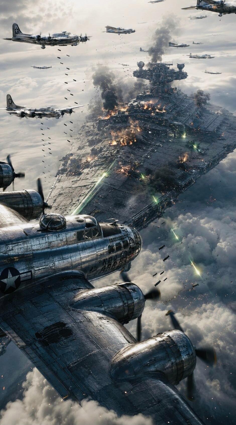 A fleet of vintage B-17 bombers engaging a massive, futuristic spaceship resembling a Star Destroyer. The spaceship is heavily damaged, engulfed in flames and smoke, while the bombers drop bombs and face laser fire.
