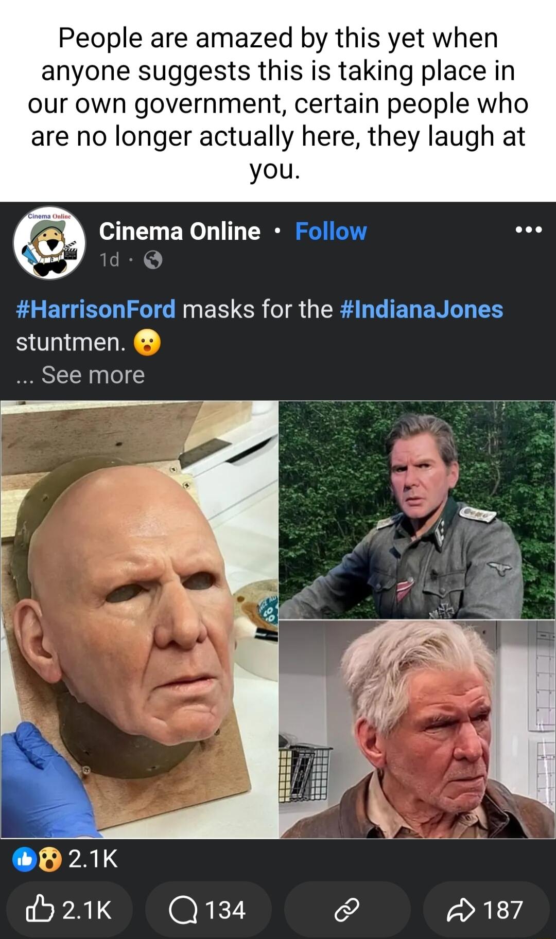 People are amazed by this yet when anyone suggests this is taking place in our own government certain people who are no longer actually here they laugh at you inema Online Follow EGEIEL TGN ES SR R GERELGIELENET E stuntmen See more 21K 21k Q134 187