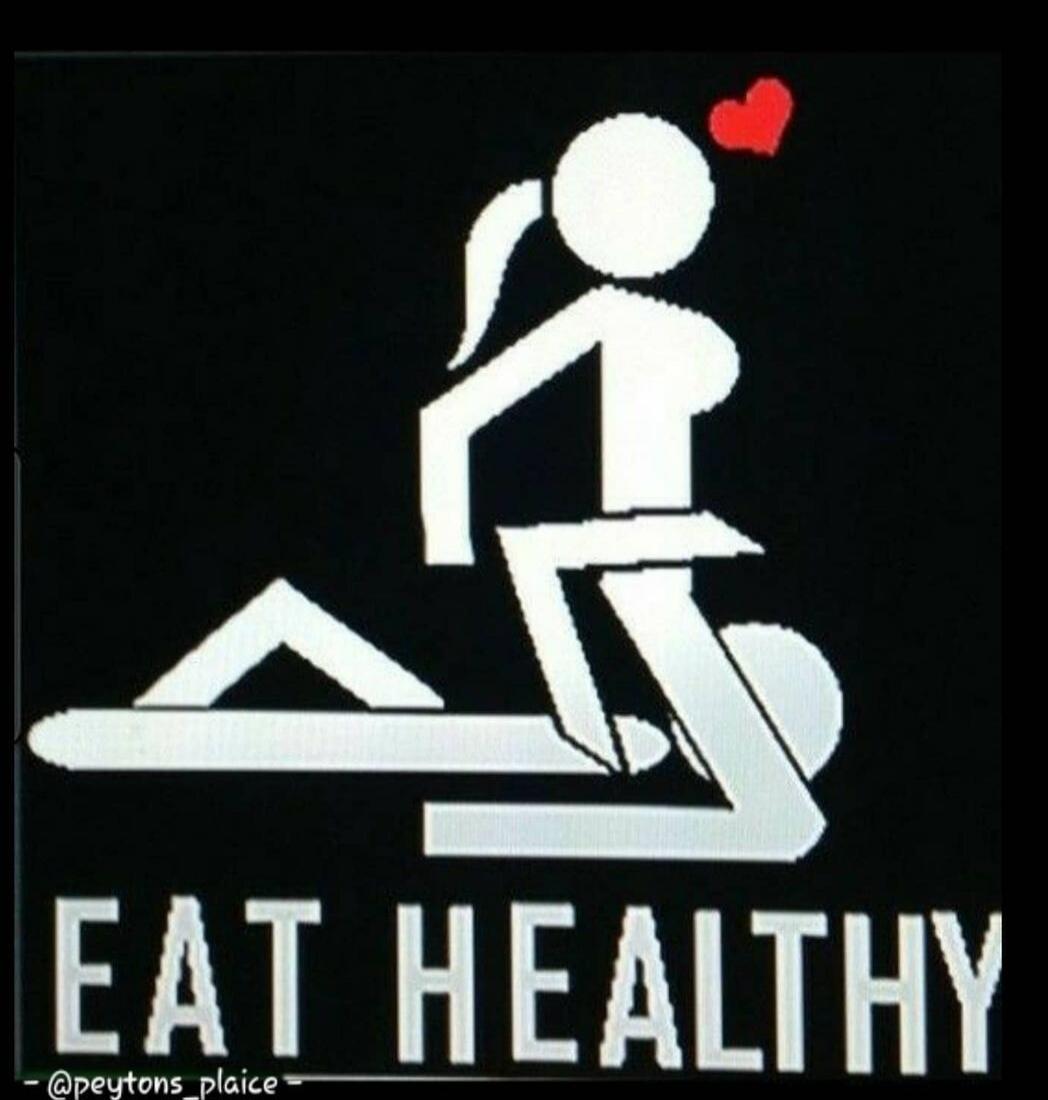 The image displays a pictogram of two figures in a suggestive position, visually representing a sexual act, combined with the text 'EAT HEALTHY'. A small red heart is depicted above one of the figures.