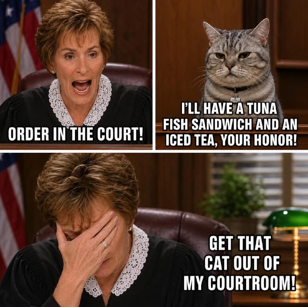ORDER IN THE COURT! I'LL HAVE A TUNA FISH SANDWICH AND AN ICED TEA, YOUR HONOR! GET THAT CAT OUT OF MY COURTROOM!