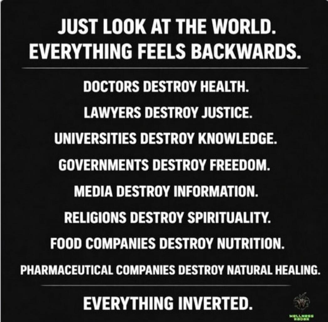JUST LOOK AT THE WORLD. EVERYTHING FEELS BACKWARDS. DOCTORS DESTROY HEALTH. LAWYERS DESTROY JUSTICE. UNIVERSITIES DESTROY KNOWLEDGE. GOVERNMENTS DESTROY FREEDOM. MEDIA DESTROY INFORMATION. RELIGIONS DESTROY SPIRITUALITY. FOOD COMPANIES DESTROY NUTRITION. PHARMACEUTICAL COMPANIES DESTROY NATURAL HEALING. EVERYTHING INVERTED.