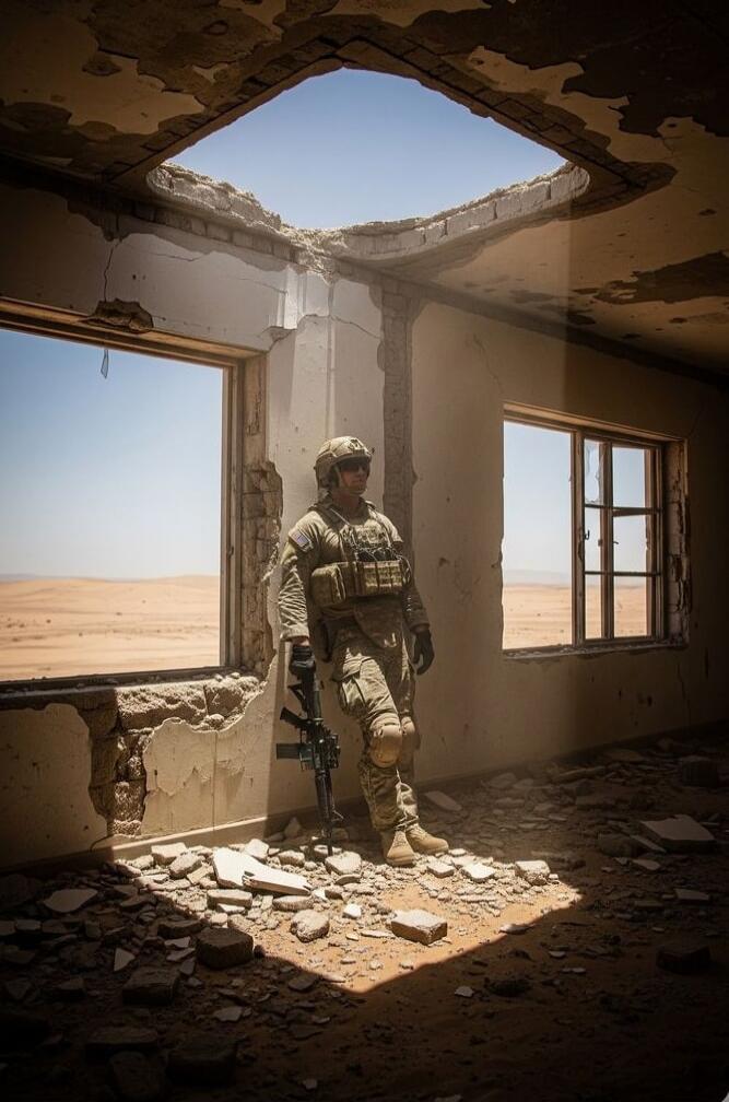 A soldier in desert camouflage gear stands inside a ruined building with large window openings. Debris and rubble cover the floor, and a vast desert landscape is visible through the windows.