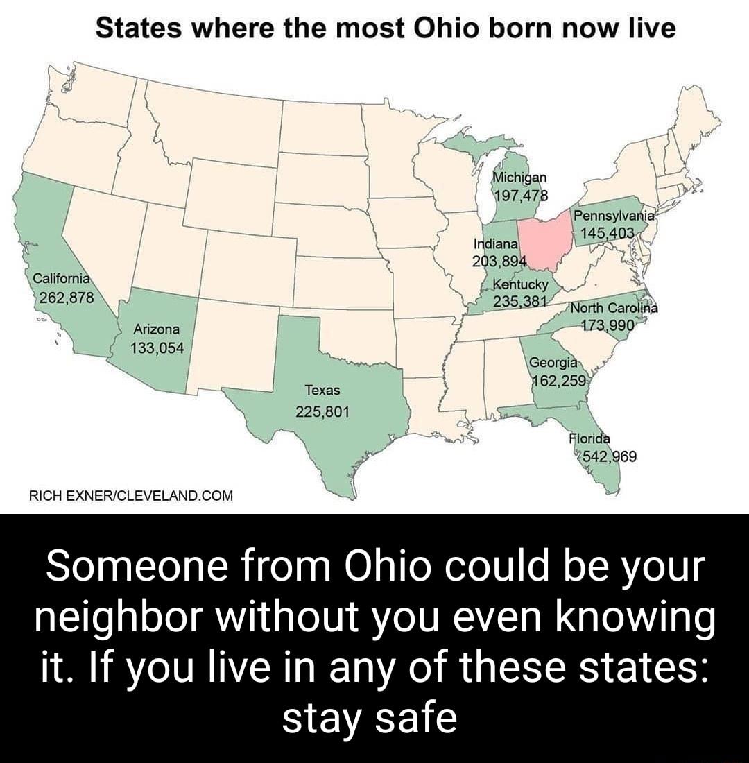 States where the most Ohio born now live Michigan 197478 i L__Pennsylvania Yo 1145403 Indianal U h 203894 California Kehluckyv g niv 282870 b fi E pl 235381 North Caroia Arizona 5 13990 133054 L 4 Do Georgia s 1162259Y exas 225801 o L P Florida 4 542969 J U RICH EXNERCLEVELANDCOM J Someone from Ohio could be your neighbor without you even knowing it If you live in any of these states VLG