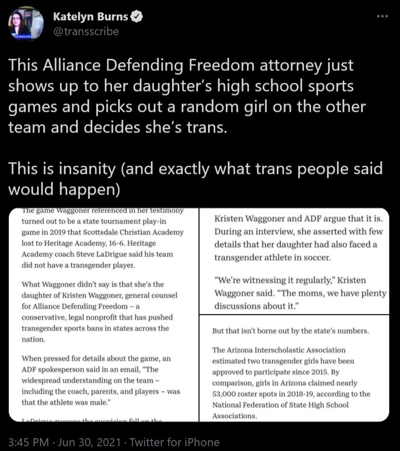 D Katelyn Burns This Alliance Defending Freedom attorney just shows up to her daughters high school sports e EIN S Tale ol le S eIVi R WcTale oTyaWe 1g ReTa W aI Wel i 1Ty LTI To e Yelle SIS SRR V Ta I LIS Gl R E ot d VAN TR Ta K o1 YoT o R N6 would happen C game waggoner referen turned out to be a state tournar Kristen Waggoner and ADF argue that it is ttsdale n interview she asserted with few my